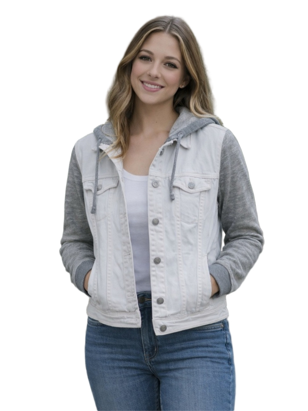 american eagle Gray and White half denim hooded Jacket